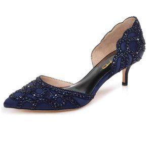 XYD Navy Chic Pointed Toe Low Heel D'Orsay Rhinestone Pumps